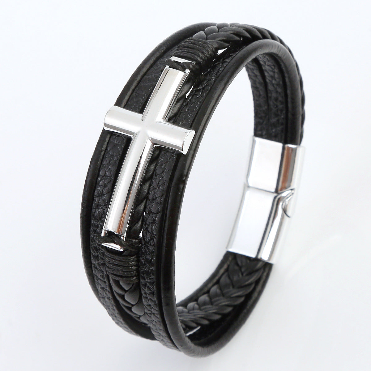 Men's Leather Hand-woven Alloy Magnetic Buckle Bangle Bracelets