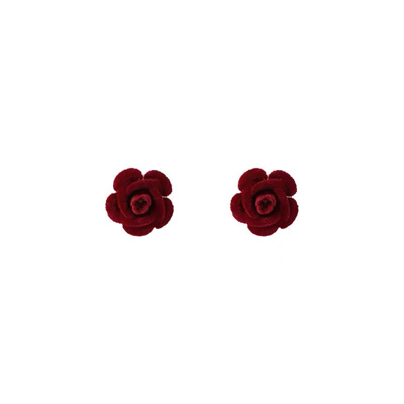 Flocking Vintage Rose High-grade Wine Red Flower Temperament Earrings