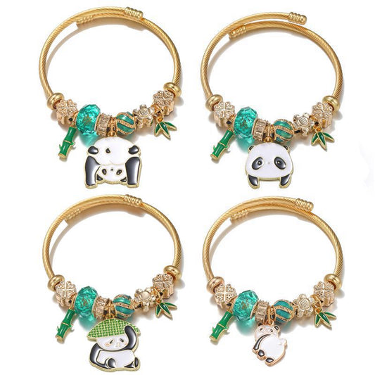 Stainless Steel Titanium Green Series Panda Bamboo Pendant Bracelets