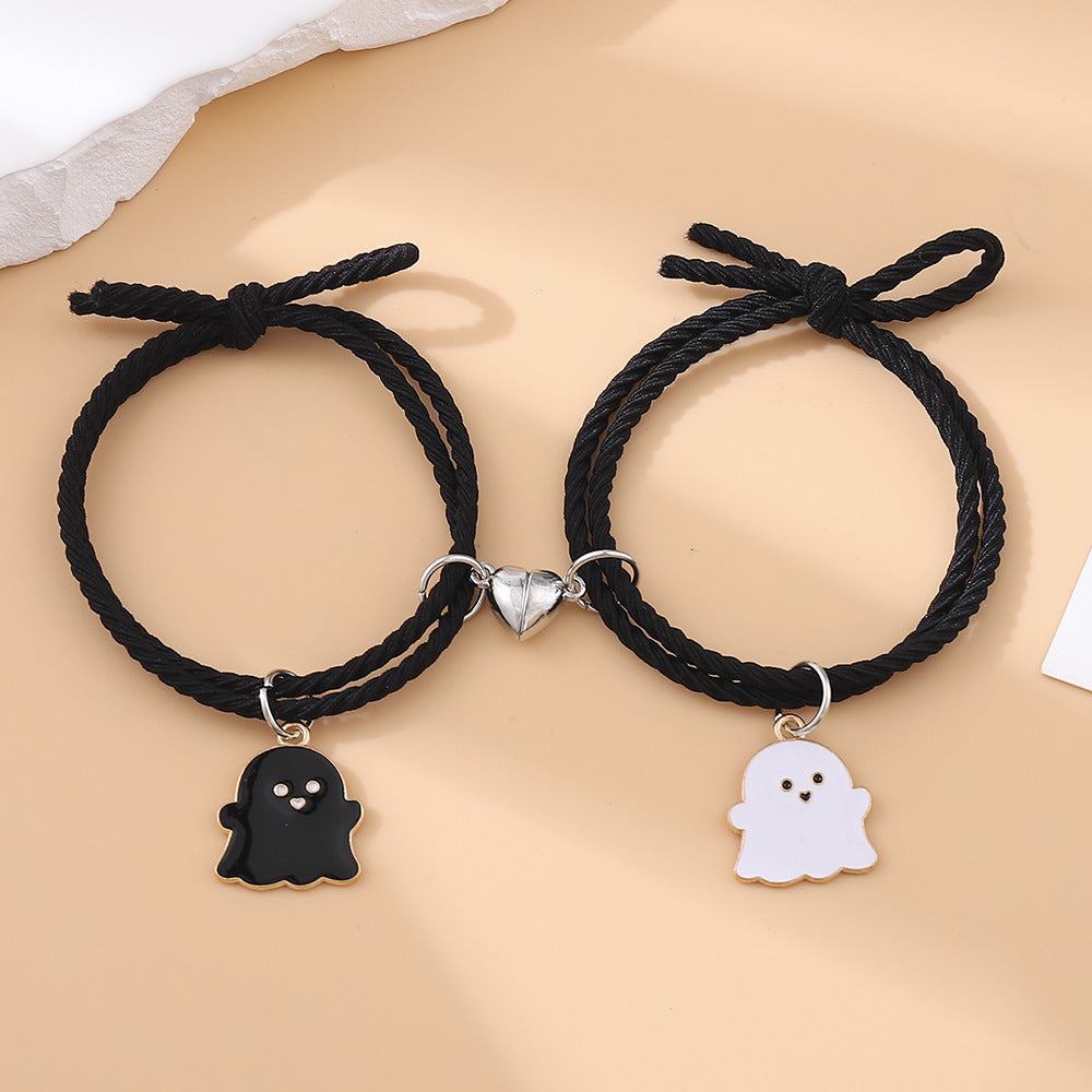 Women's & Men's & Cute Cartoon Love Magnet Suction Couple Pair Of Black Bracelets