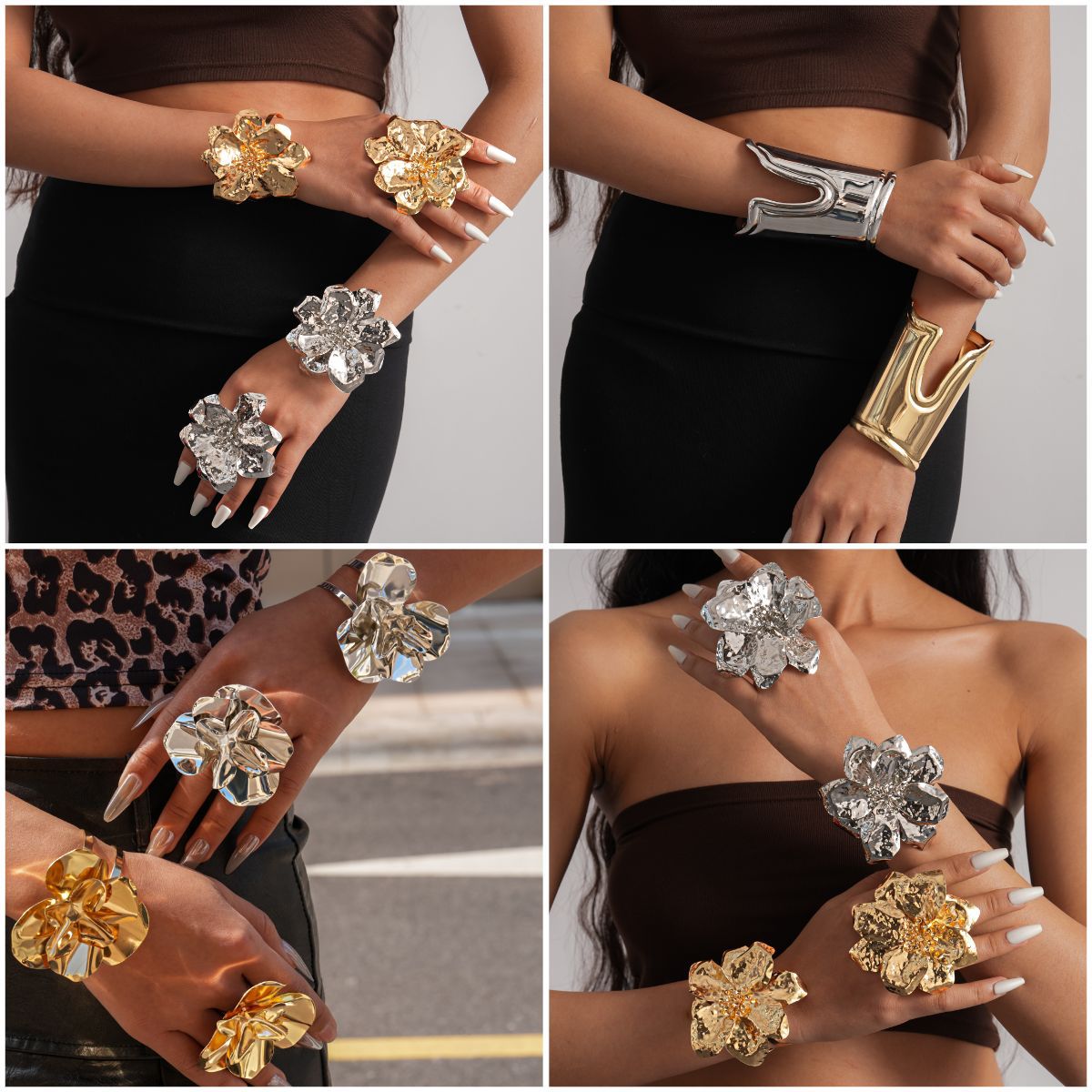 Women's Metal Pleated Flowers Openings Suit Niche Exaggerated Light Luxury Bracelet