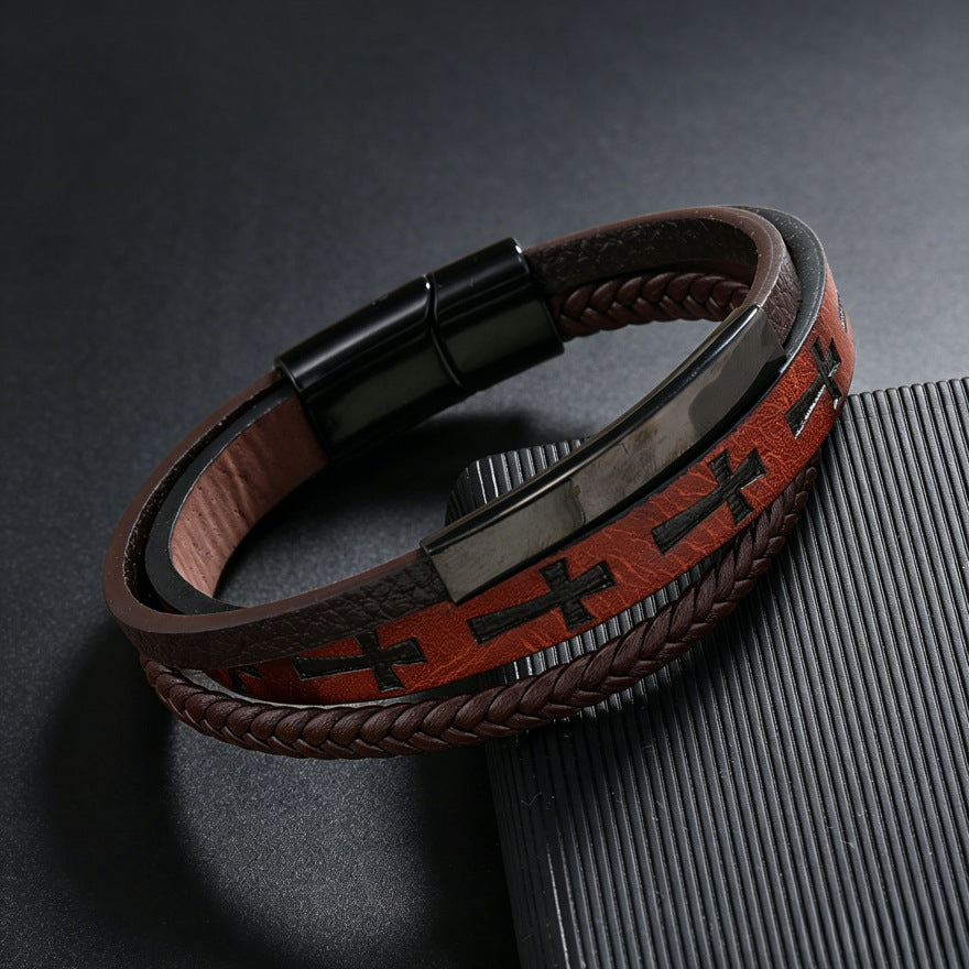 Men's Vintage Cross Leather Weaving Hand Rope Straight Bracelet