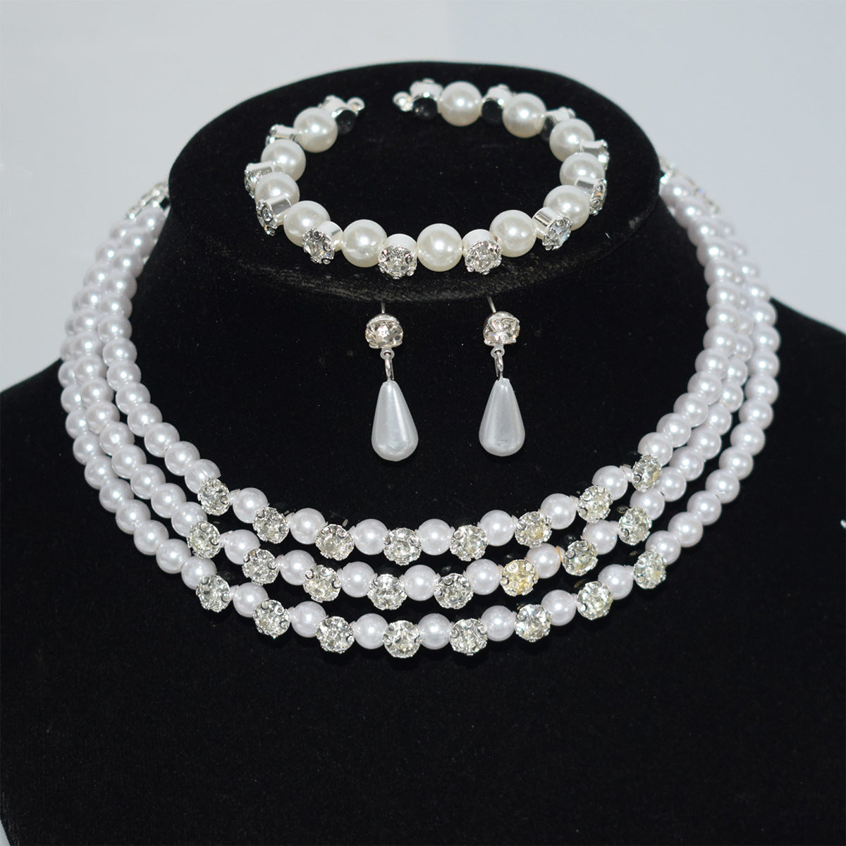 Pearl Diamond Collar Bridal Rhinestone Three-piece Jewelry Set