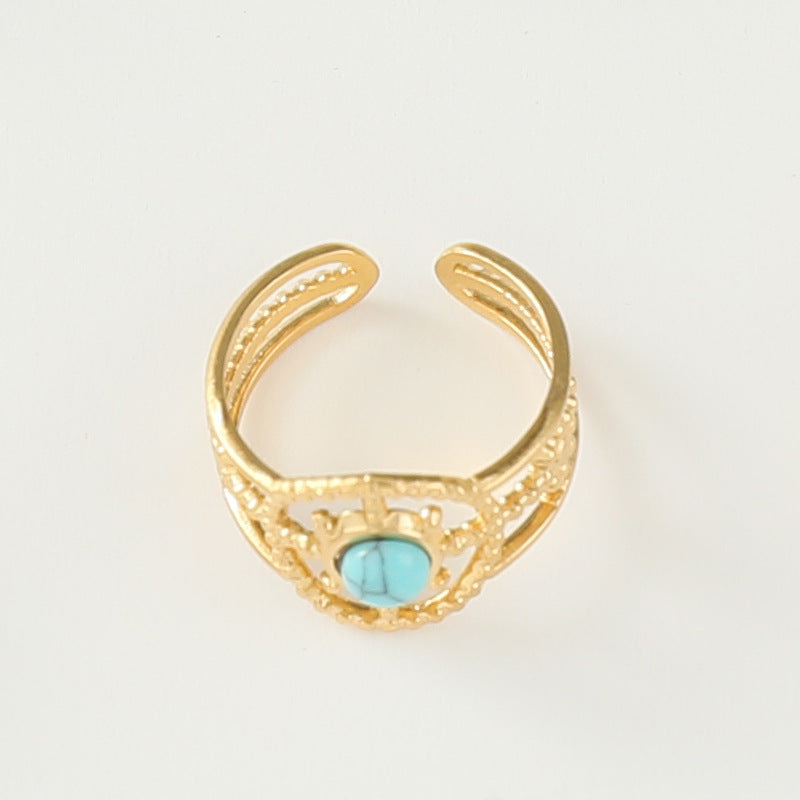 Stainless Steel Ladies Natural Stone Turquoise Shank Retro Ring