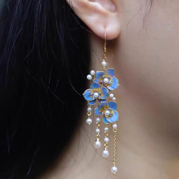 Flower Silk Imitation Burnt Blue Pearl Butterfly Earrings