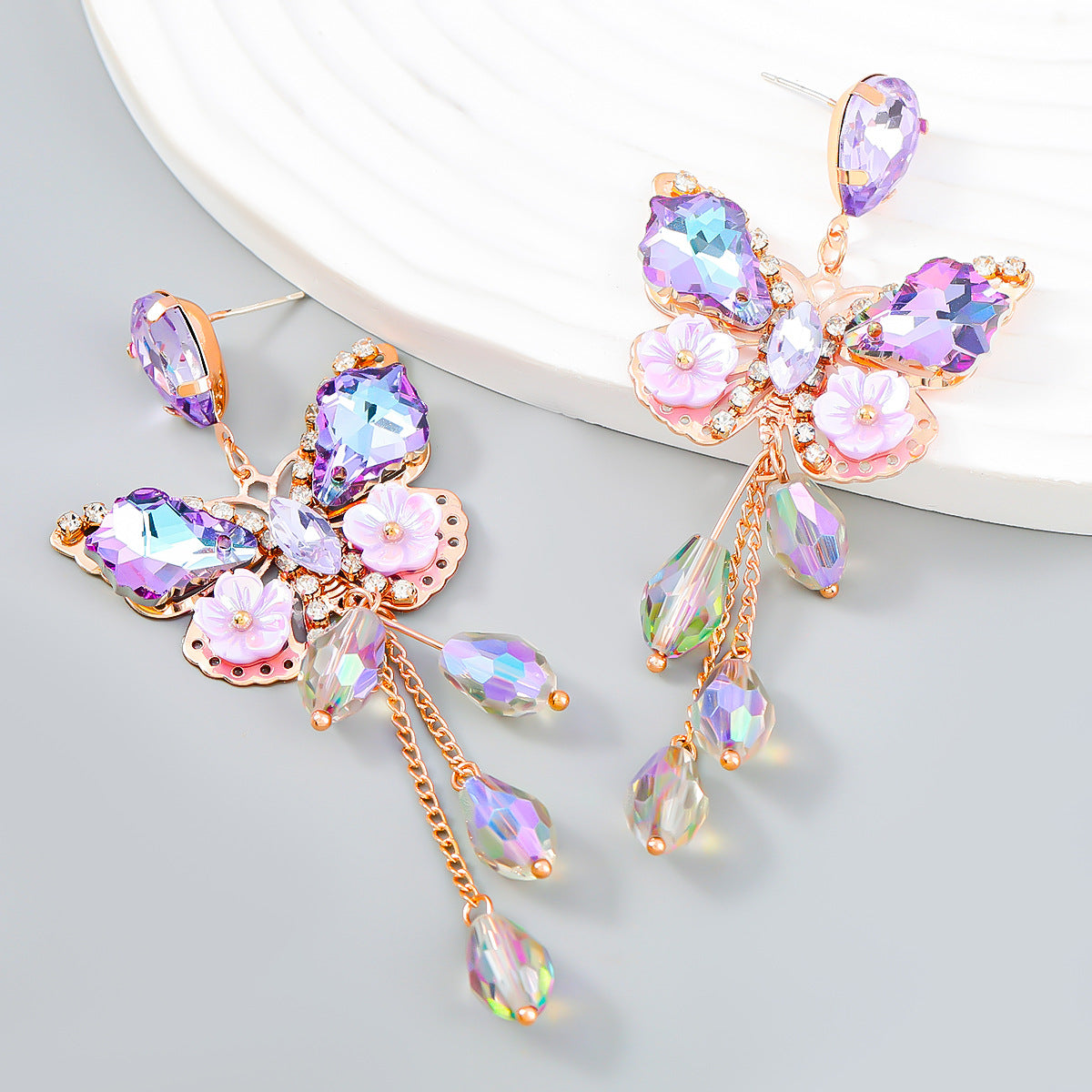 Exaggerated Alloy Diamond Butterfly Flower Long Earrings