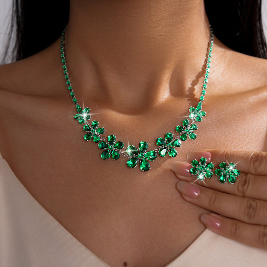 Women's Zircon Flower Water Drop Ear Two-piece Retro Graceful Personality Clavicle Necklaces