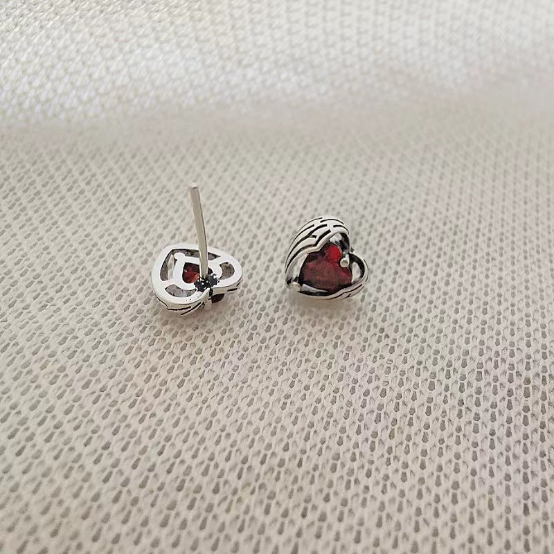 Sier Needle Red Loving Heart Zircon Ear Bone Female Earrings