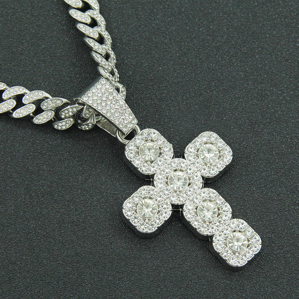 Men's Hop Full Diamond Cross Pendant Cuban Link Chain Necklaces