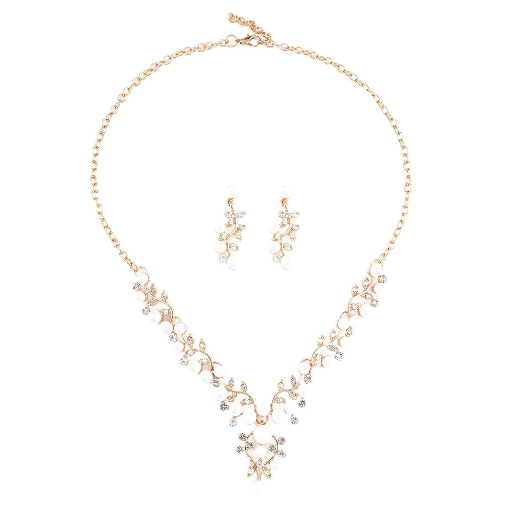 Women's Bridal Wedding Two-piece Dress Rhinestone Pearl Jewelry Set