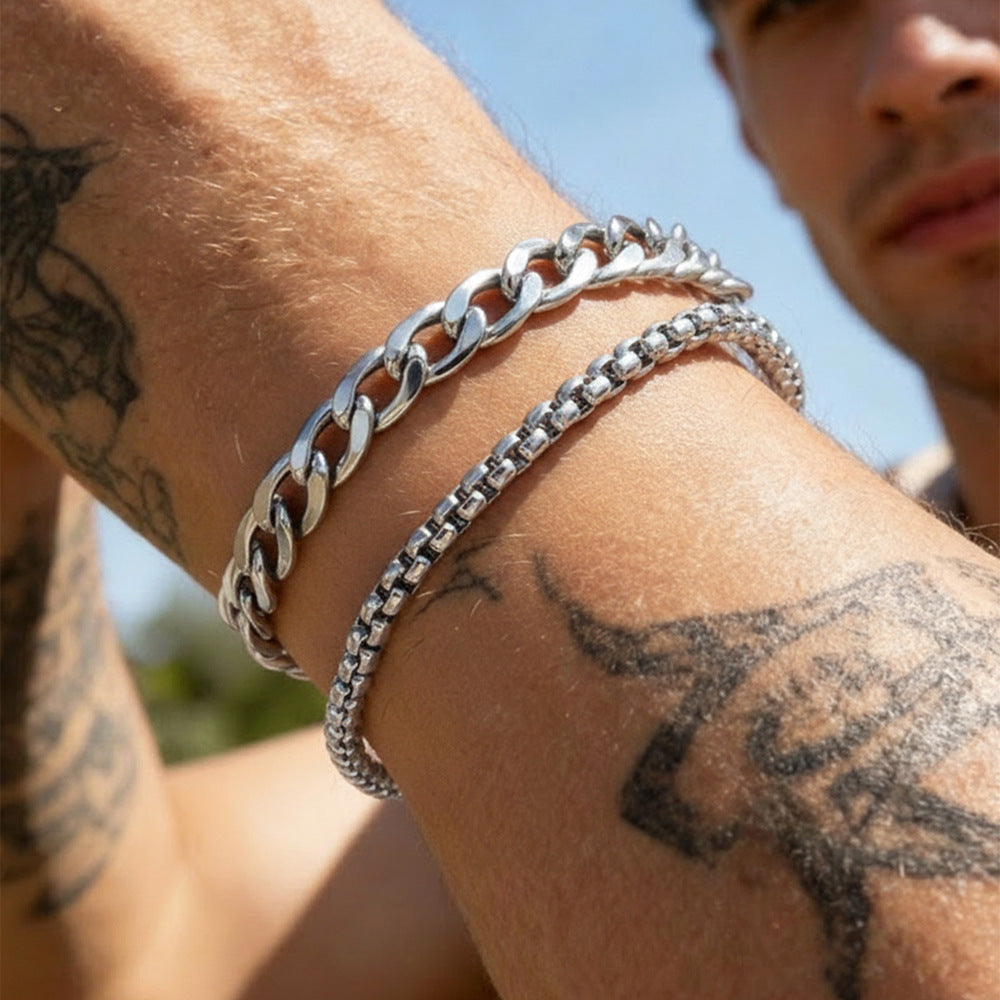Stainless Steel Three-piece Cuban Simple Personality Hip Hop Style Bracelet
