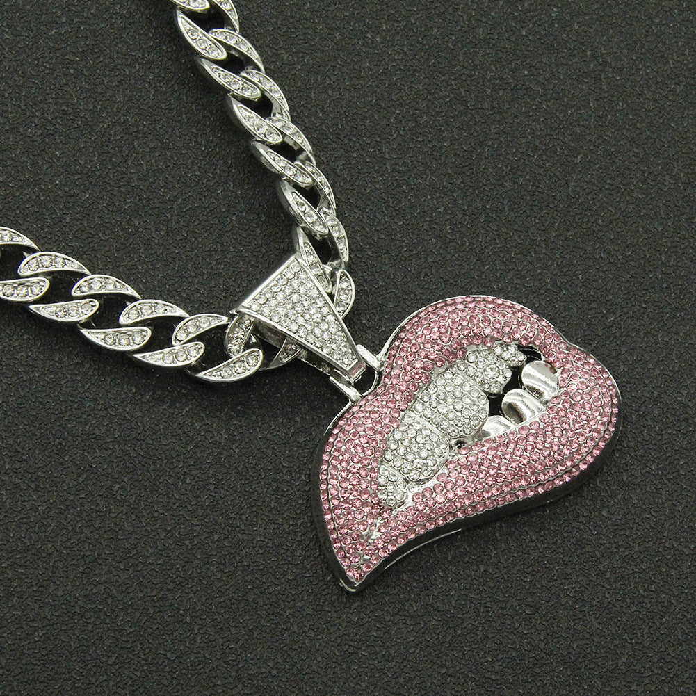 Men's Pink Lip Diamond Tooth Pendant Domineering Cool Necklaces