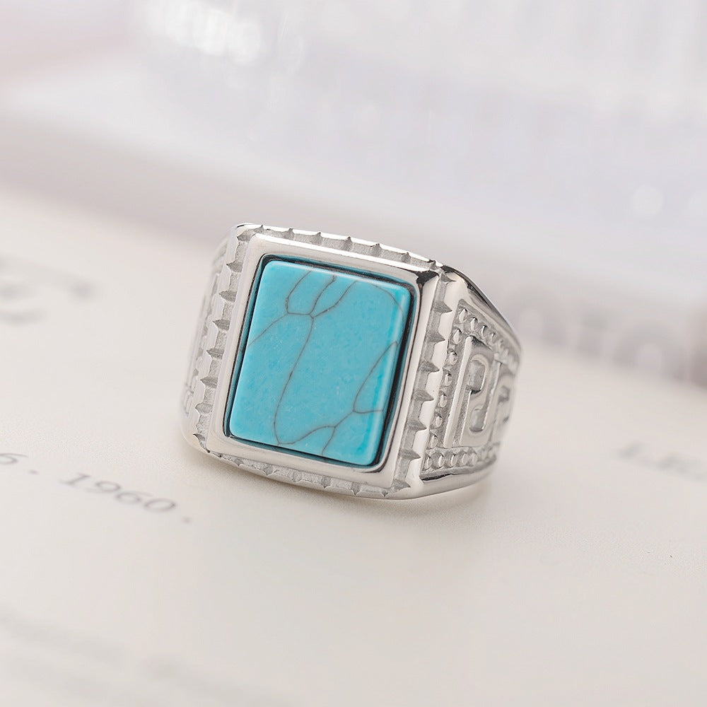 Men's Retro Style Turquoise Titanium Steel Fashion Rings