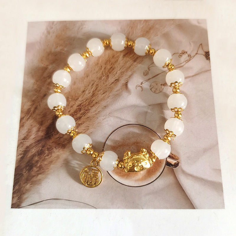 Cat Love Bell Imitation Opal Girlfriends Glaze Bracelet