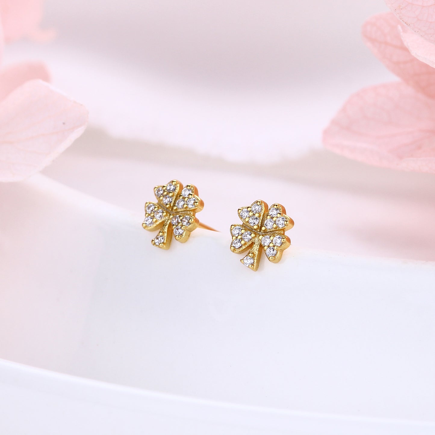 Sier Simple Small Micro Inlaid Stone Four Leaf Clover Ear Stud Earrings