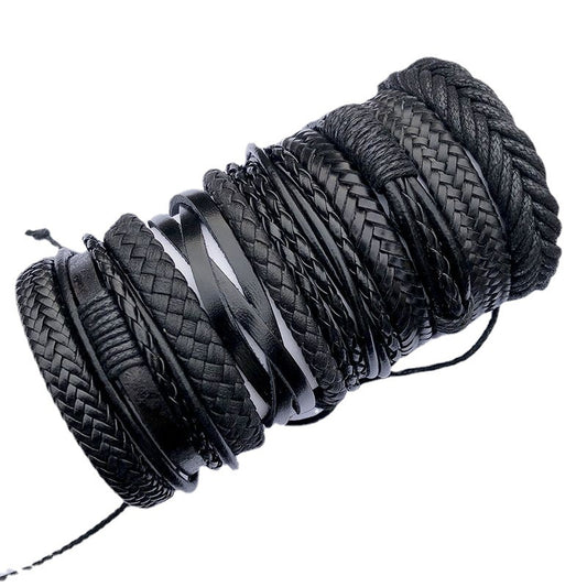 Handmade Woven Black Leather Set Combination Bracelets