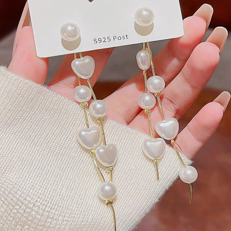 Pearl Sier Trendy Heart Tassel Eardrop Niche Design Temperament Stud Earrings