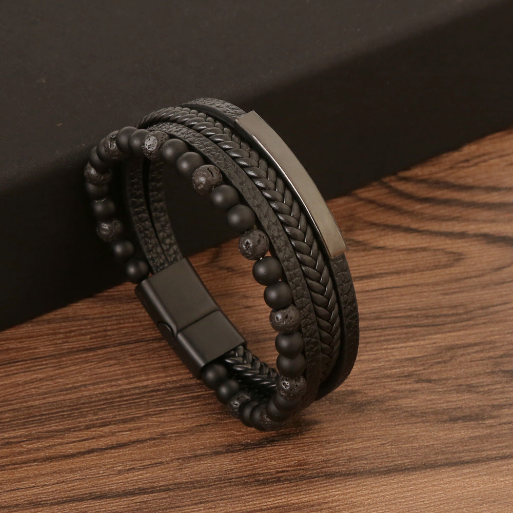 Men's Natural Stone Vintage Leather Hand-woven Alloy Bracelets