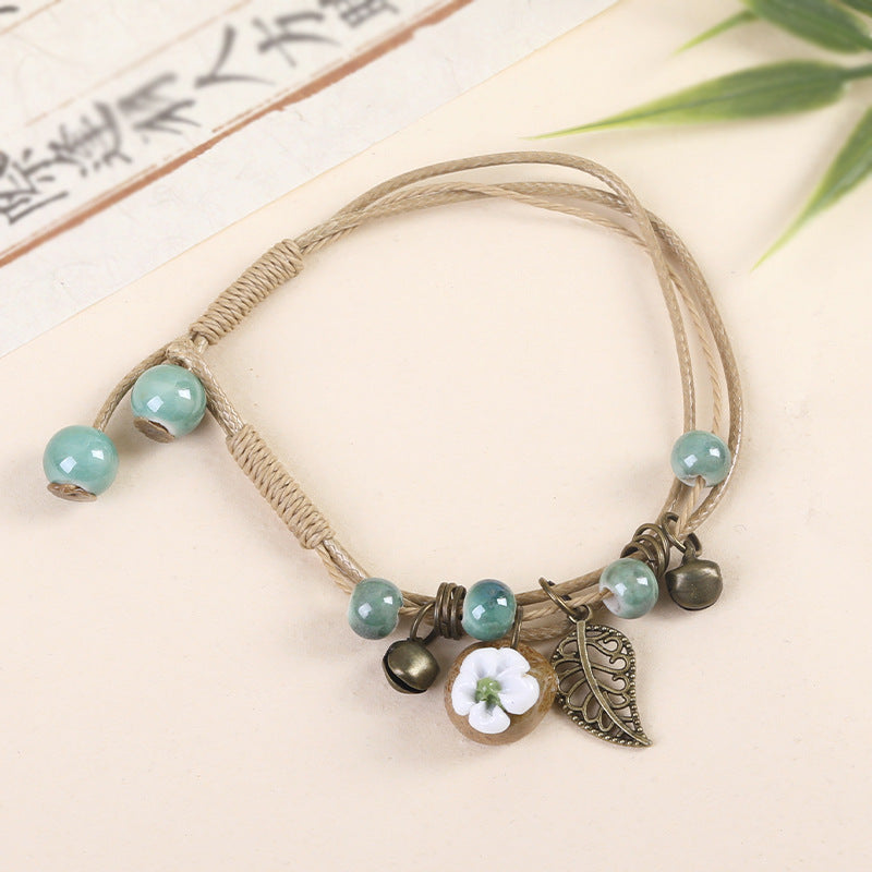 Women's Ceramic Flower Woven Ethnic Artistic Carrying Bracelet