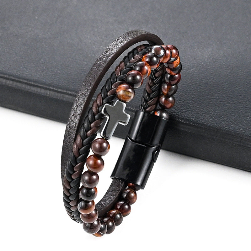 Men's Natural Stone Tiger Eye Agate Cross Bracelet