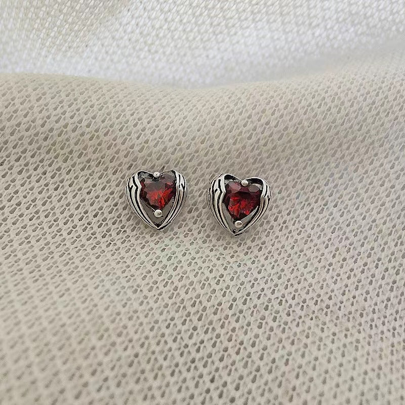 Sier Needle Red Loving Heart Zircon Ear Bone Female Earrings