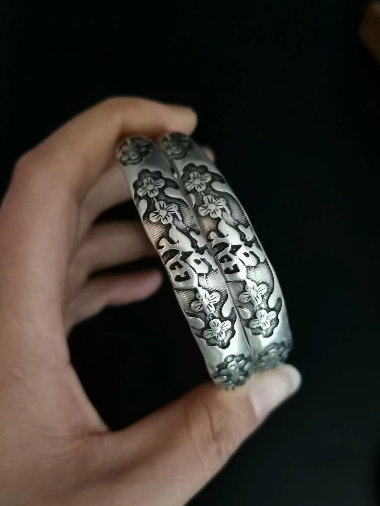 Tibetan Sier Miao Vintage Ethnic Style Fu Lu Shou Plated Bracelet