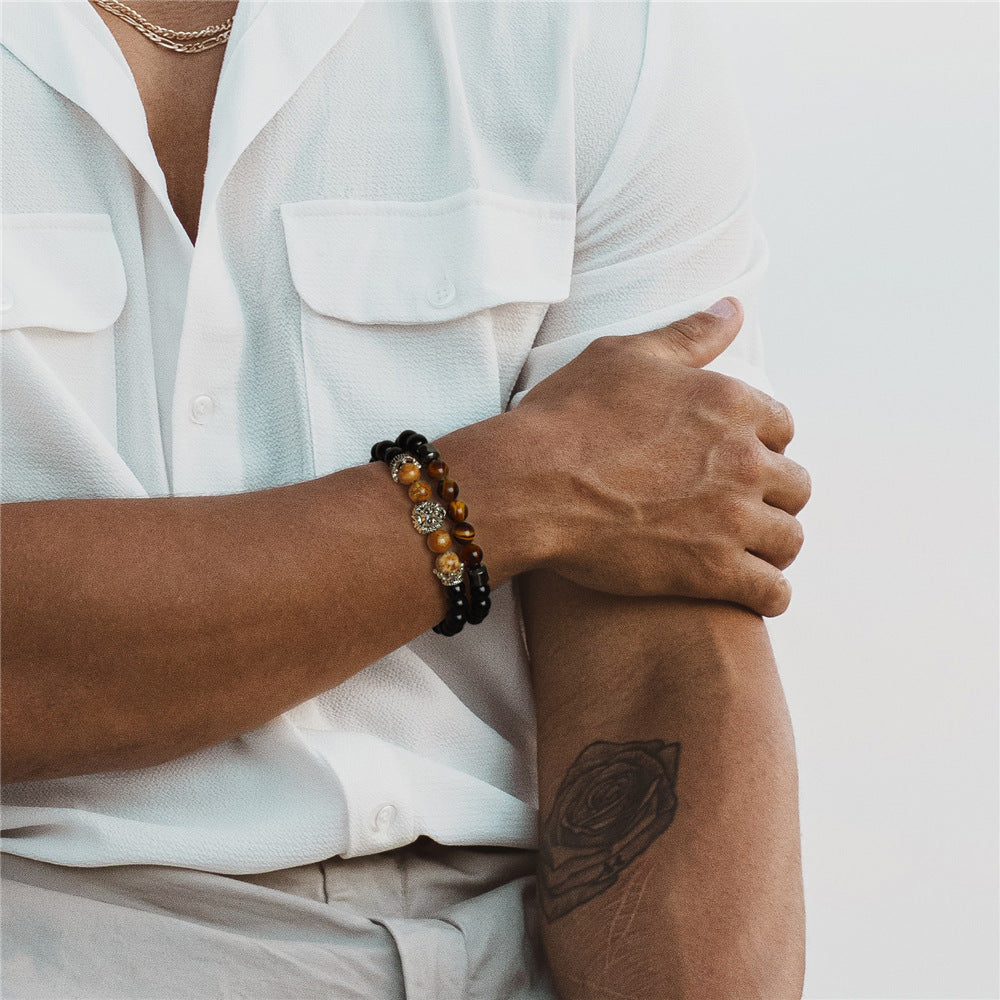 Men's Natural Stone Beads Retro Business Bright Black Lion's Bracelet