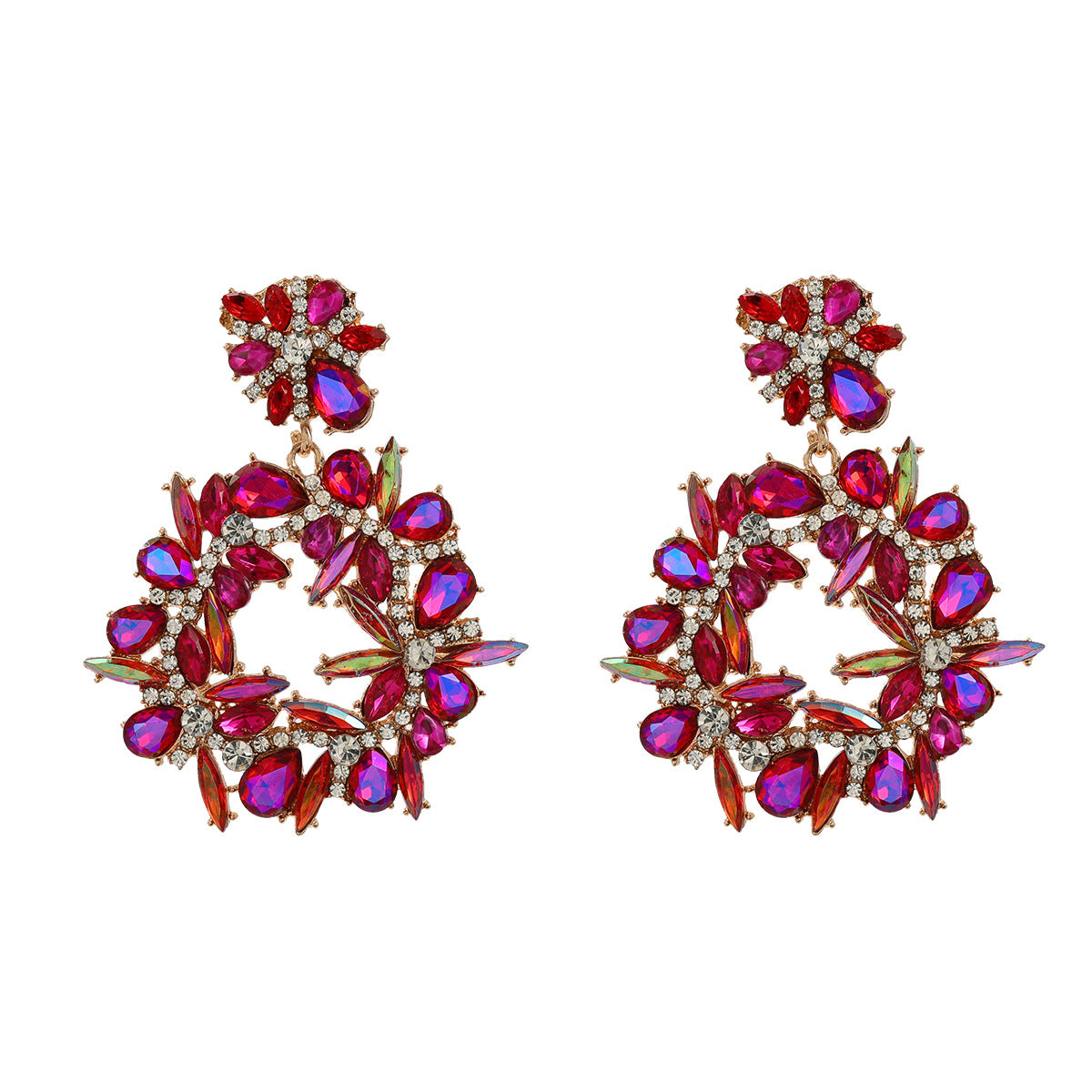 Colored Diamond Exaggerated Alloy Round Flower Earrings