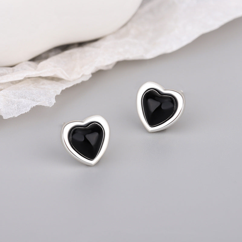 Sier Black Agate Heart-shaped Pearl Shell Earrings