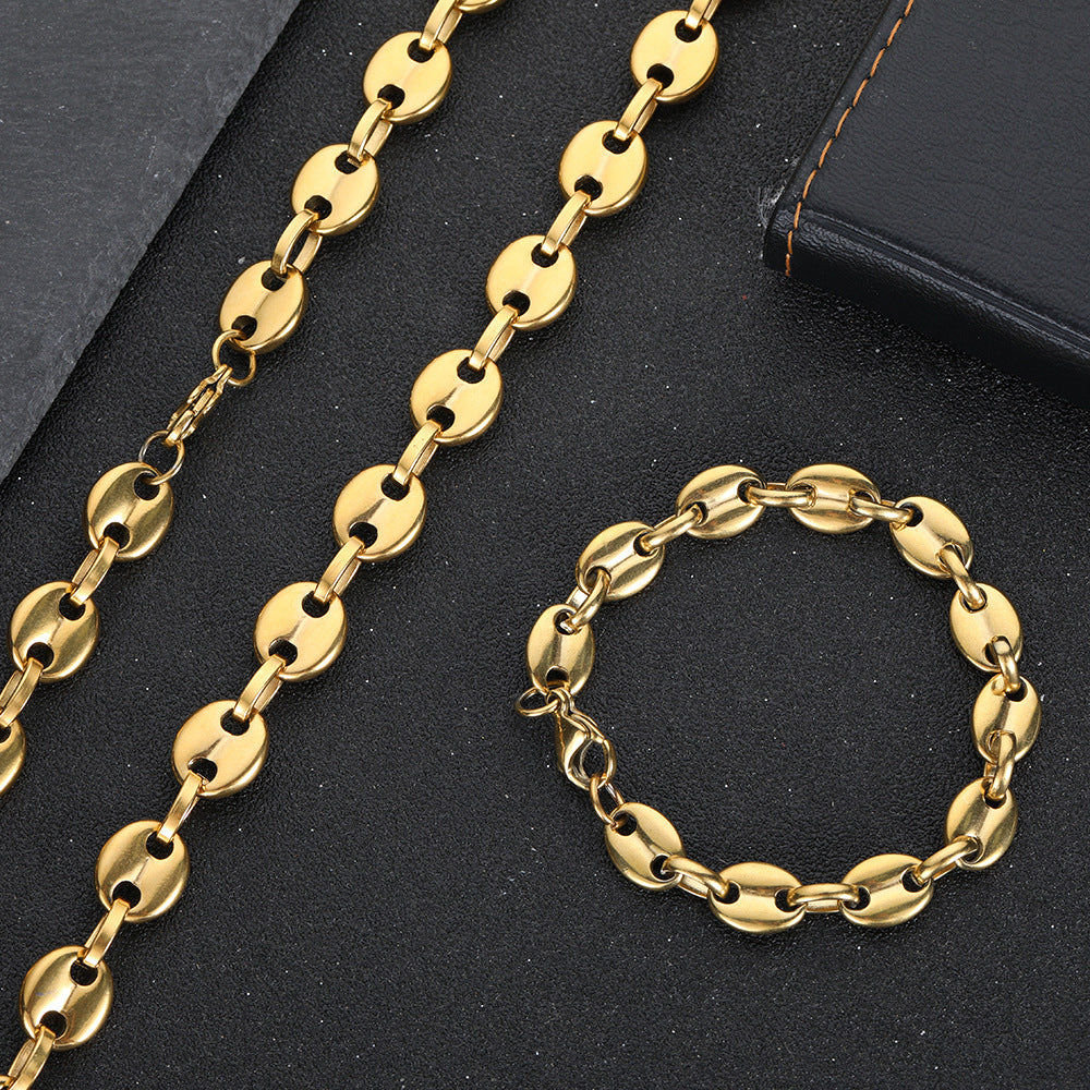 Men's Coffee Bean Hip Hop Gold Titanium Steel Lobster Buckle Stainless Jewelry Set