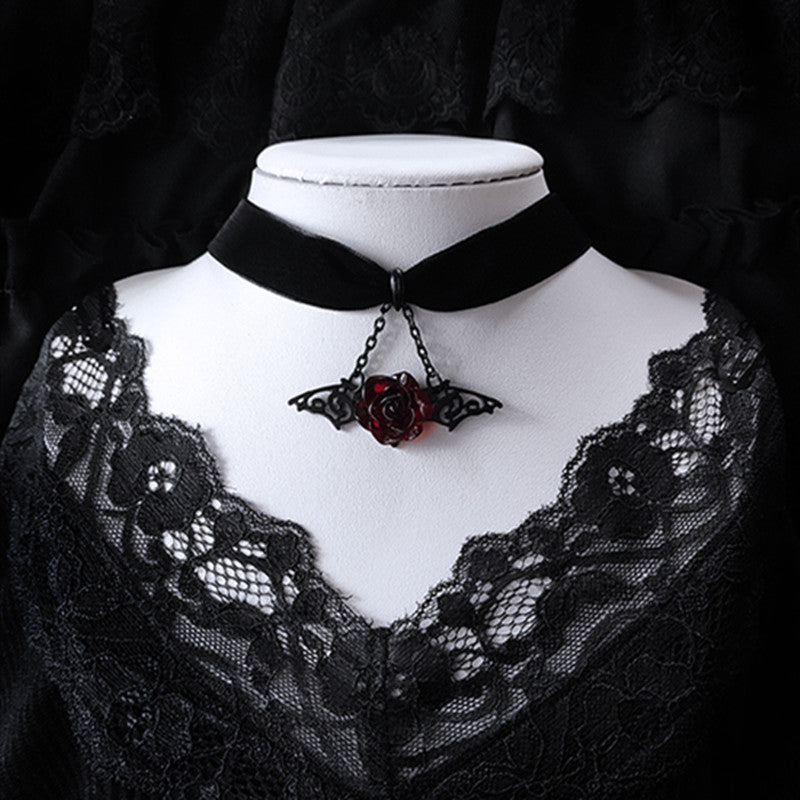 Gothic Red Rose Bat Wings Choker Necklaces