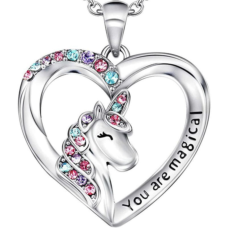 Brocade Unicorn Colorful Zircon Pendant Heart-shaped Necklaces