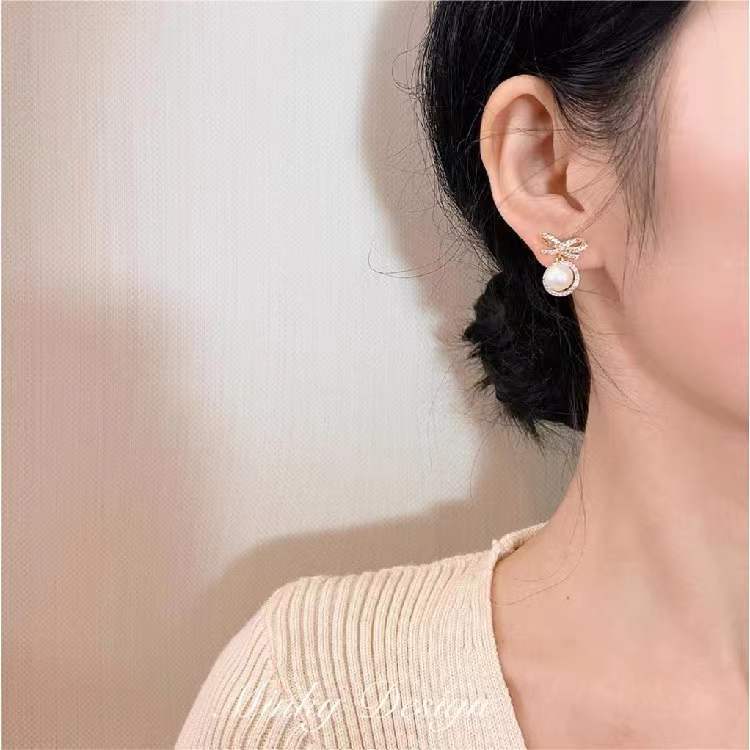 Graceful Petite Rhinestone Bow Eardrops Design Earrings
