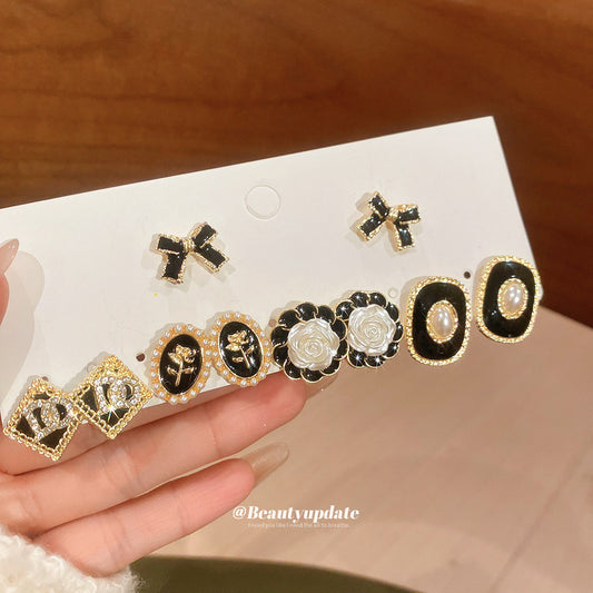 Women's Drop Oil Rhinestone Pearl Earings French Style Retro Elegant Rings