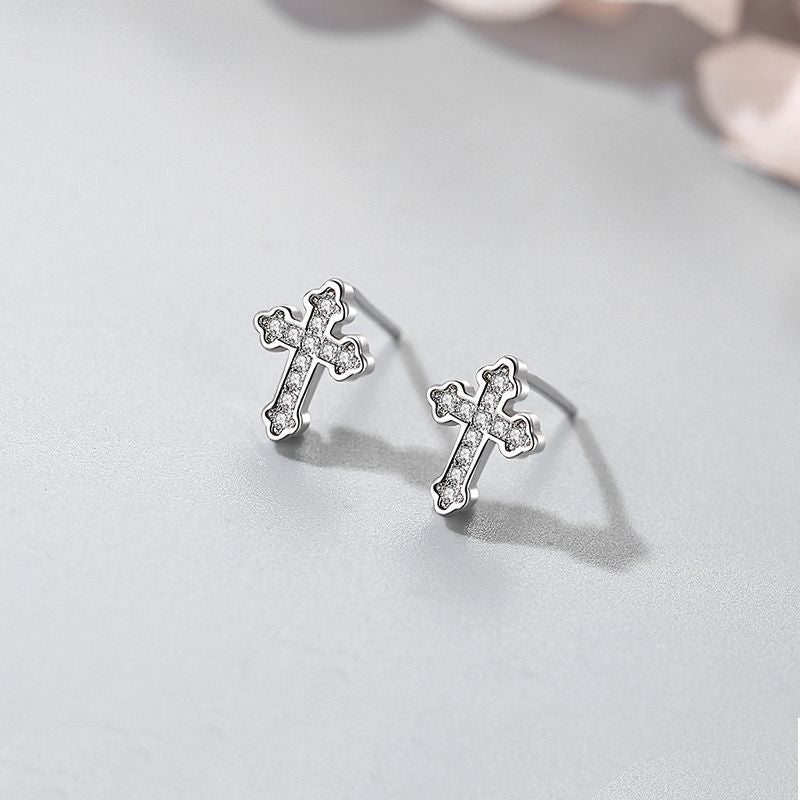 Cross Female Korean Simple Temperamental Rhinestone Design Stud Earrings