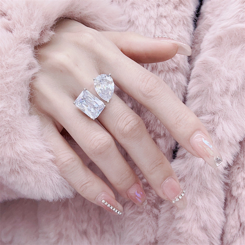 Women's Simple Super Flash Water Drop Square Zircon Opening Adjustable Live Rings
