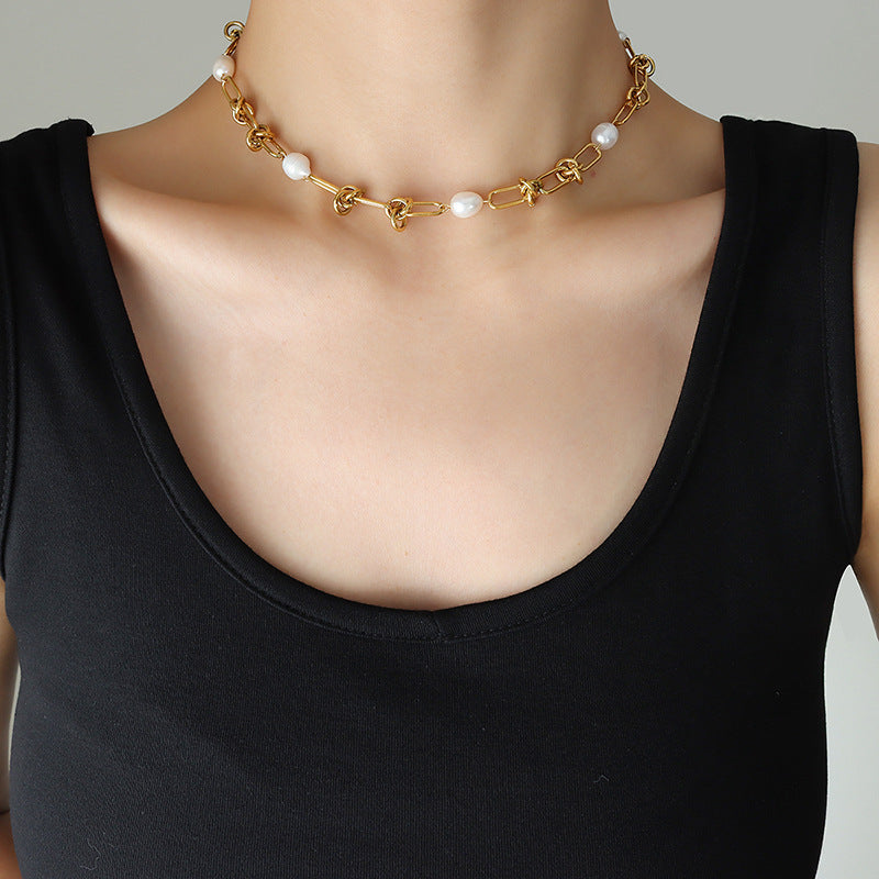 Titanium Steel Vintage Elegant Freshwater Pearl Twisted Necklaces