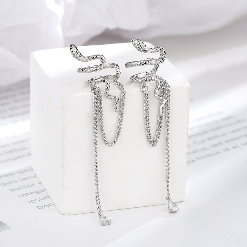 Long Tassel Snake-shaped Without Piercing Personality Snake Water Drop Zircon Ear Clip