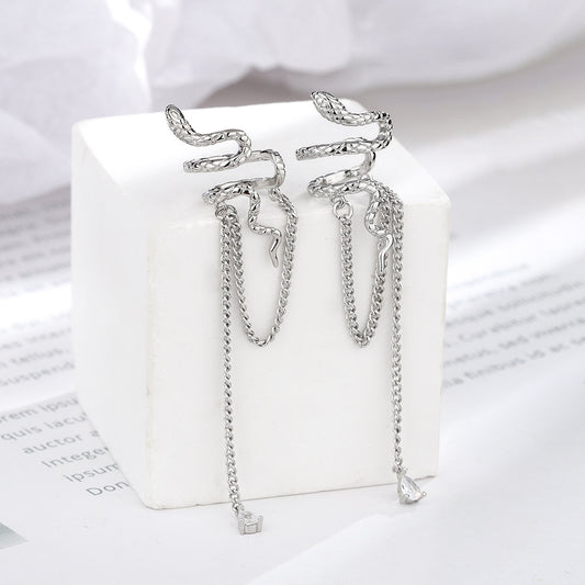 Long Tassel Snake-shaped Without Piercing Personality Snake Water Drop Zircon Ear Clip