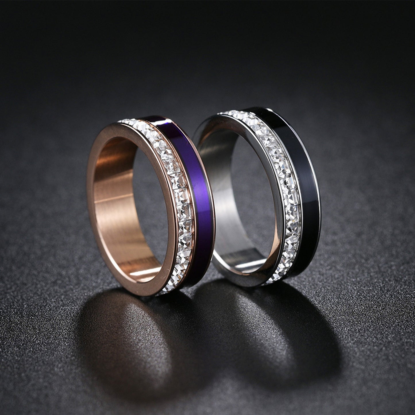 Women's Inlaid Square Diamond Drop Oil Titanium Steel Couple Wide Rings