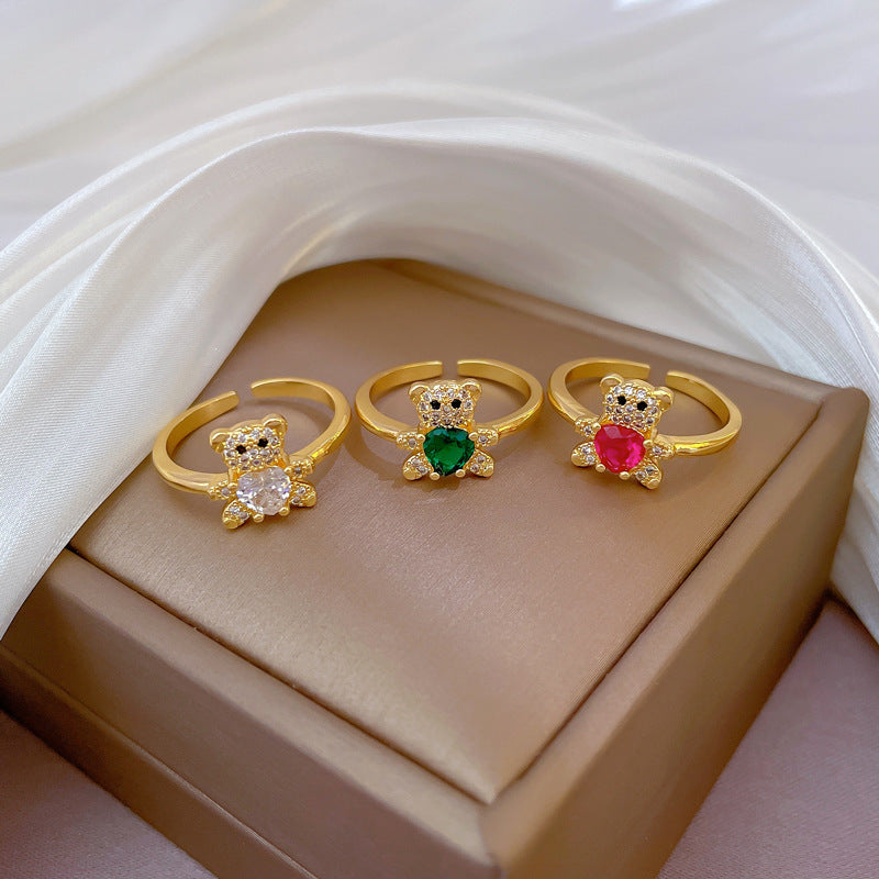 Real Gold Diamond Bear Open Female Minority Simple Rings