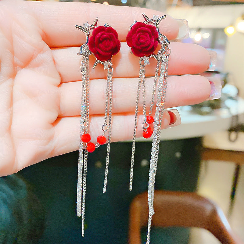 Dark Rose Ear Clip One-piece Chain Earrings