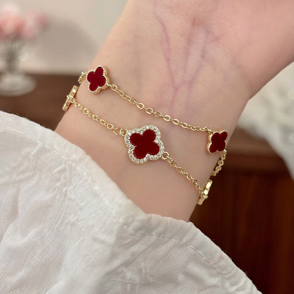 Style Light Luxury High-grade Versatile Micro Inlaid Zircon Four-leaf Flower Bracelets