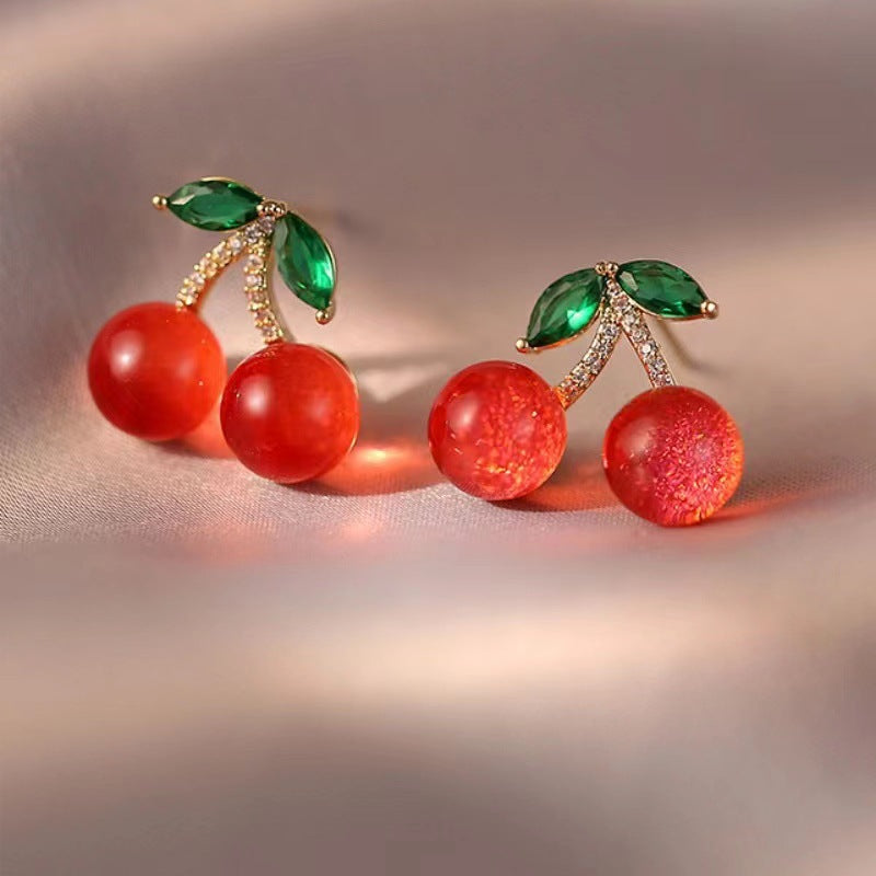 Sier Needle Red Cherry Fruit Starry Earrings