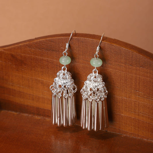 Sier Ethnic Minority Style Female Long Tassel Temperament High Earrings