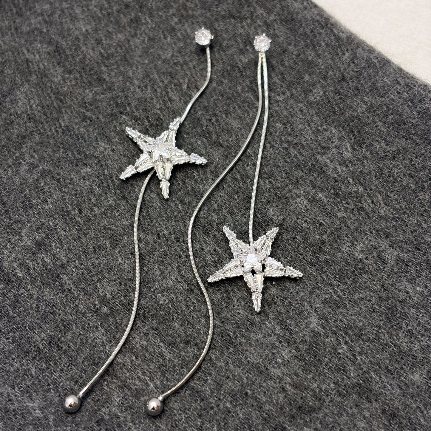 Women's Diamond Star Tassel Square Round Face Small Long Stud Earrings