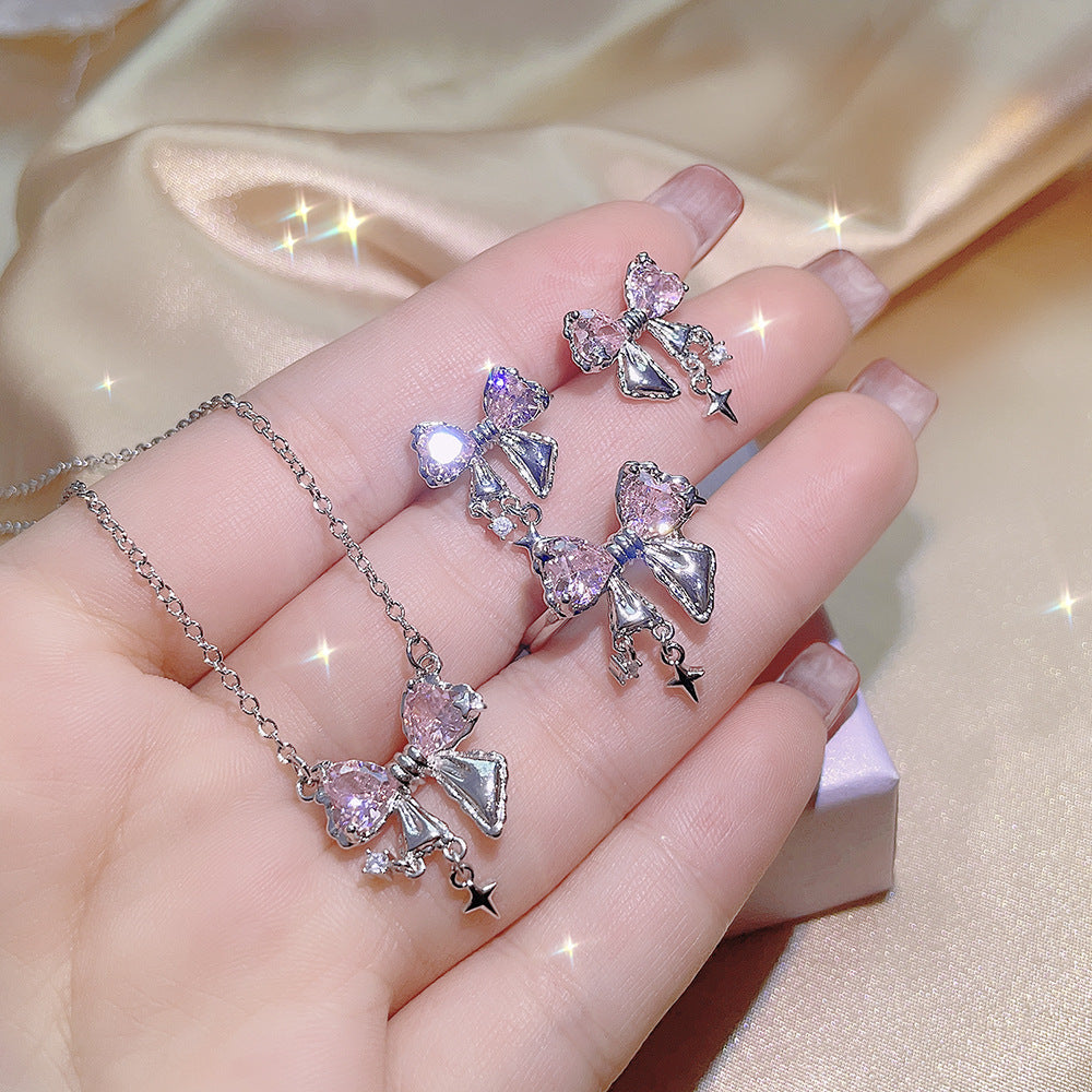 Fresh Sweet Inlaid Zircon Bow Cross Jewelry Set