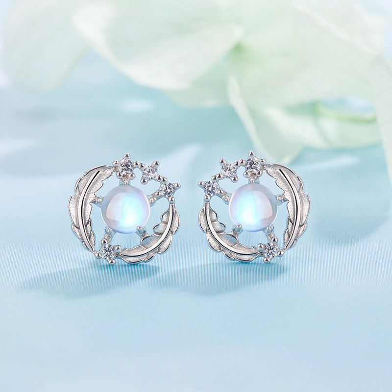 Sier Feather You Accompany Fashion Moonstone Earrings