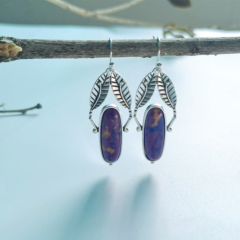 Geometric Purple Turquoise Vintage Leaves Metal Earrings