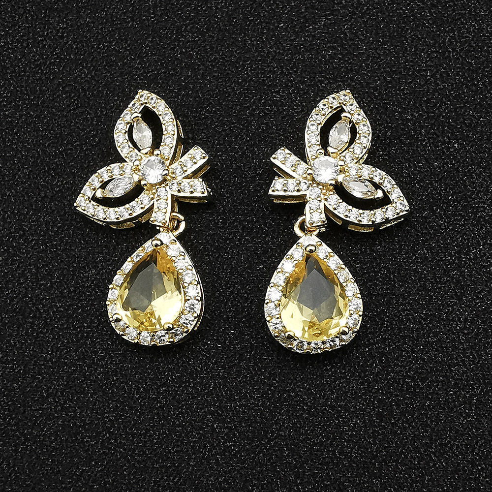 Inlaid Zircon Yellow Water Drop Wings Female Earrings